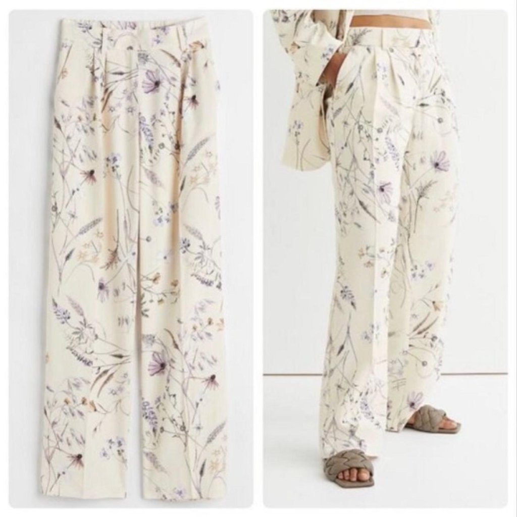 H&M High-Waisted Linen Blend Floral Pants Size 4 Us